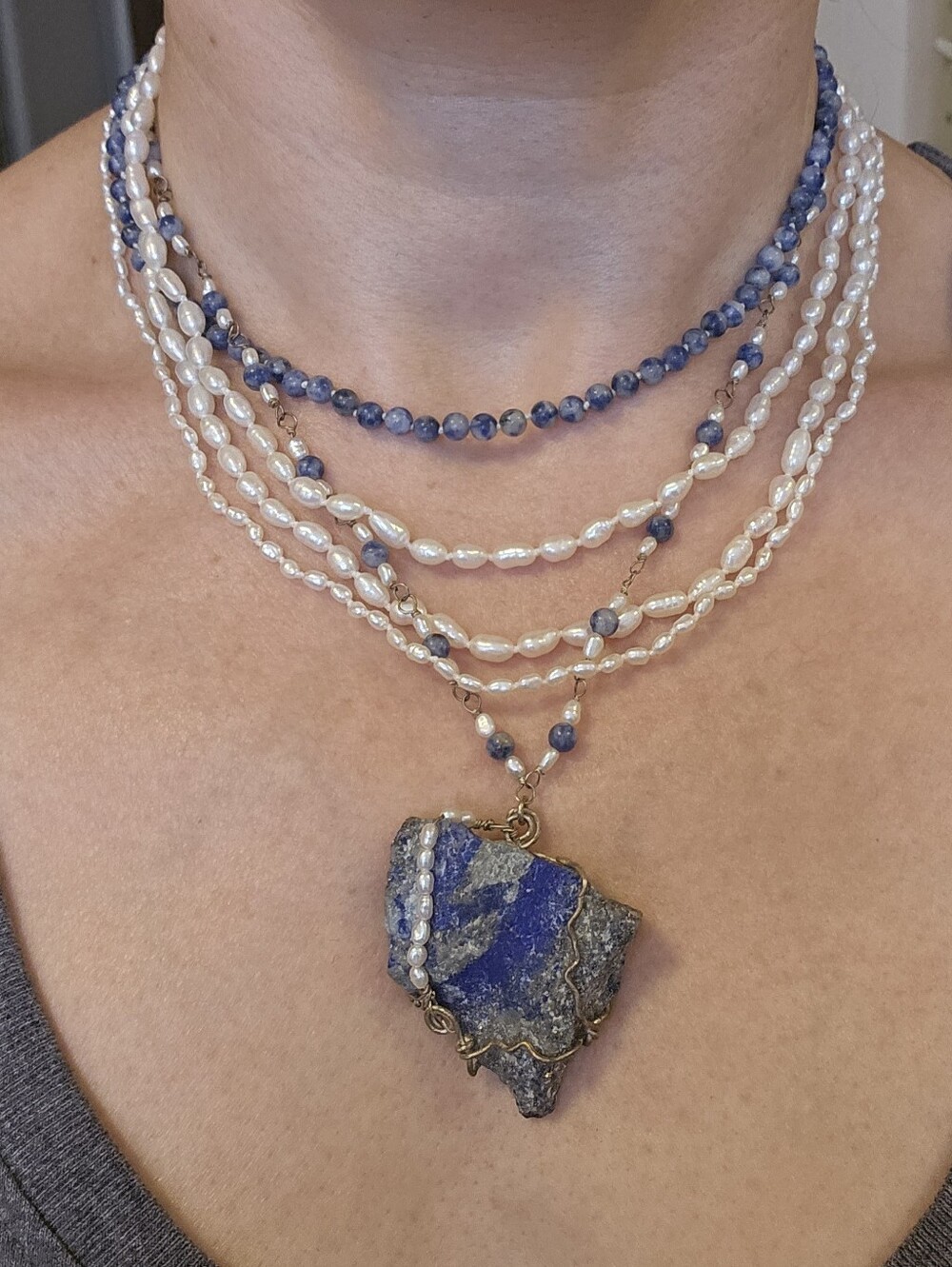 Layered Pearl and Blue Stone Statement Necklace
